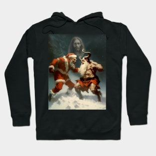 True Christmas: Jesus Christ Observes the Epic Battle Between Santa Claus and Krampus on a Dark Background Hoodie